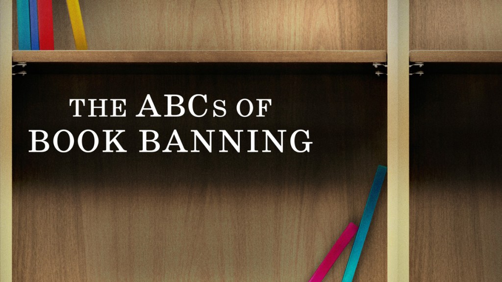 The word's "The ABC’s of Book Banning" on a brown bookshelf.