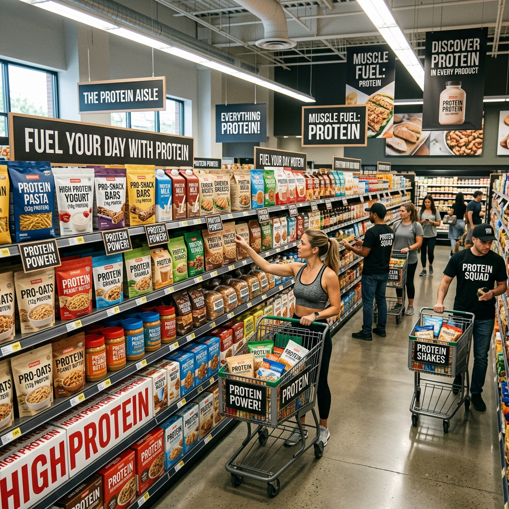 Supermarket with protein marketing everywhere